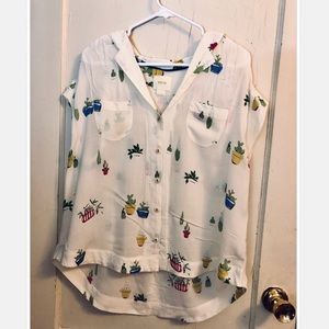 ANTHROPOLOGIE WHITE POTTED PLANT BLOUSE - L